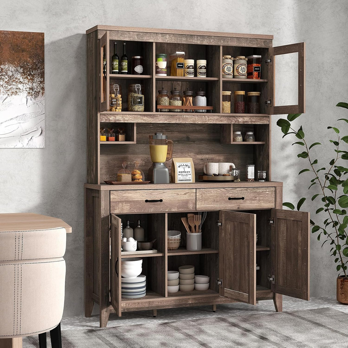78.5-inch high kitchen cabinet storage unit, large storage cabinet with glass doors, equipped with drawers and adjustable shelves. The wooden kitchen storage unit has a microwave shelf, suitable for a home coffee bar.