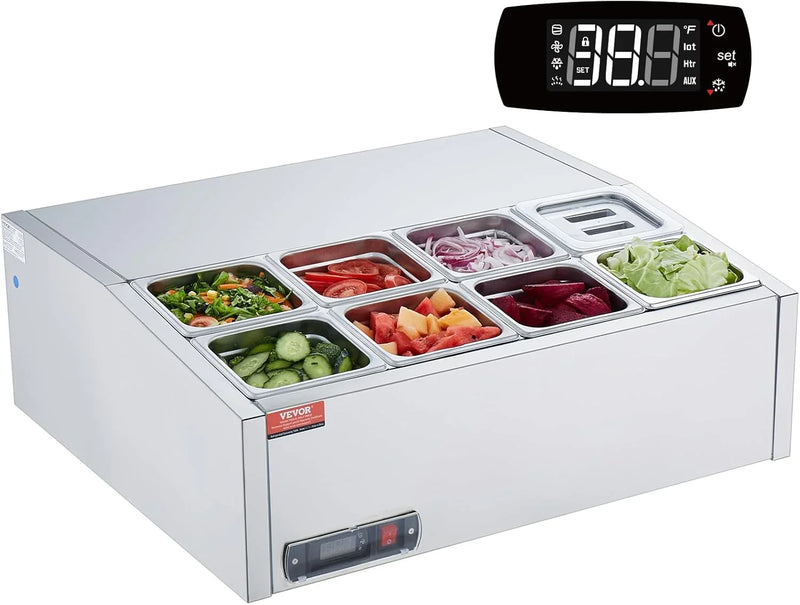 Refrigerated Condiment Prep Station, 135 W Countertop Refrigerated Condiment Station, with 2 1/3 Pans & 4 1/6 Pans, 304 Stainless Body and PC Lid, Sandwich Prep Table with Stainless Guard, ETL Z4926