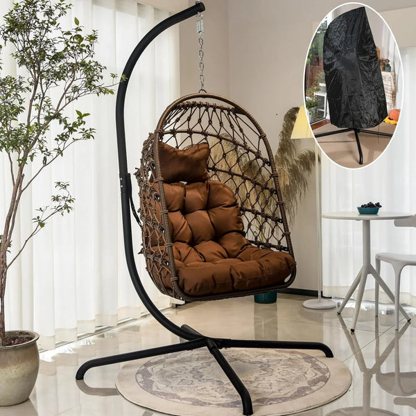 Indoor and outdoor egg-shaped rocking chairs with frames and covers, garden rattan hanging chairs, capacity 450 pounds, with UV-protective cushions, suitable for bedrooms, outdoor balconies, courtyards or living rooms (dark gray) B1209