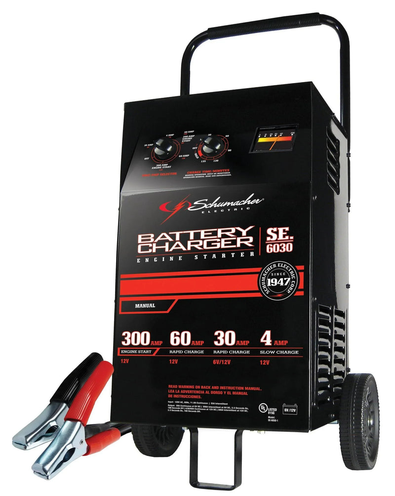 Electric Wheeled Battery Charger and Engine Starter, SC1446, 2-in-1, manual timer control, 300 crank amps, 6 volts, 12 volts, for car, SUV, truck and Marine batteries D7001