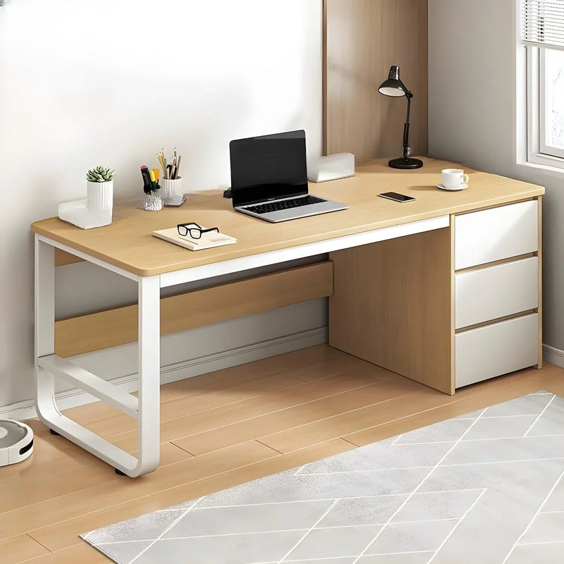 This stylish and modern office desk features an integrated cable management system, a wooden desktop, and a rectangular shape. It comes with three drawers and is ideal for both office and home use. Available in brown, it measures 63 inches in length Q3499