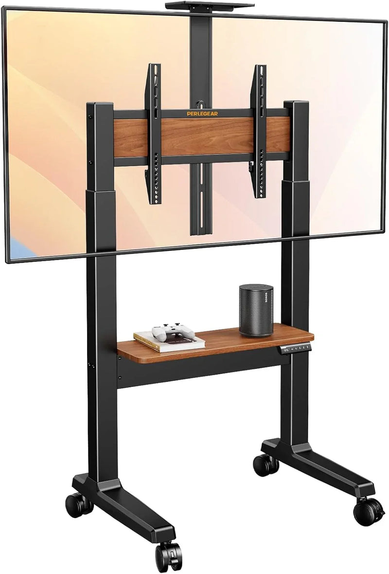Motorized Mobile TV Stand on Wheels for 37–86 Inch TVs up to 154 lbs, Electric Height Adjustable Rolling TV Stand, VESA 200x200–600x400mm, Wooden Shelf & Panel, PGTVMC26B A9403