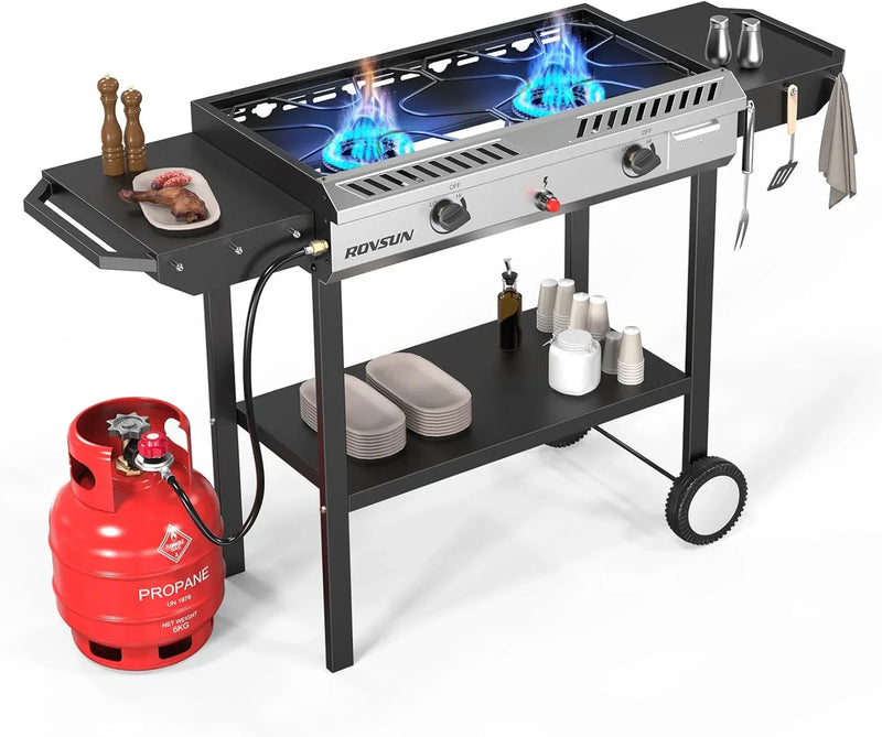 2 Burner Outdoor Propane Gas Stove with Griddle, Auto-ignition, Regulator & Side Shelves, 150,000 BTU Powerful Stand Cooker for Backyard Cooking Home Brewing Canning Frying Grilling G3333