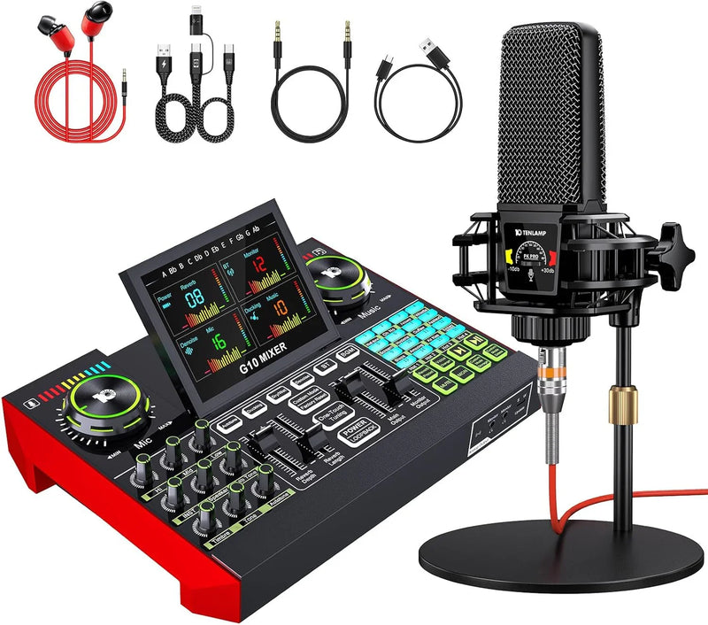 Podcast Equipment Bundle,with 3.5mm Condenser Microphone & Live Sound Card - Audio Mixer for Streaming, PC/Mobile Live Singing, Gaming Content Creators, Soundboard with USB Computer Interface D0355