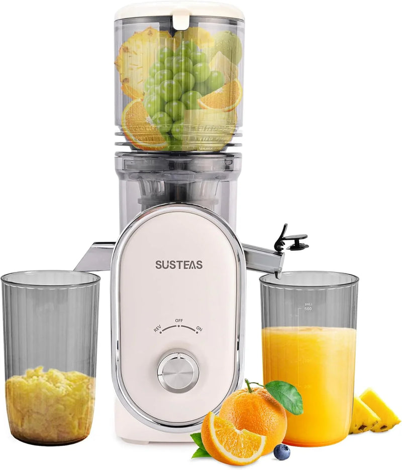 Cold press juicer, 5.3-inch feed opening, slow-speed mixing type machine, power 300 watts, capable of extracting whole fruits and vegetables, easy to clean, high juice output, white appearance B9654