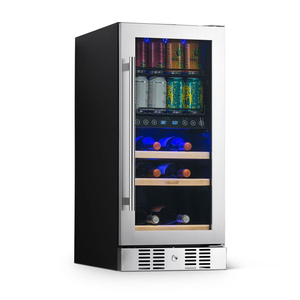 Newair 15 Dual Zone Beverage Cooler with Removable Beech Wood Shelves, Stainless Steel D3053