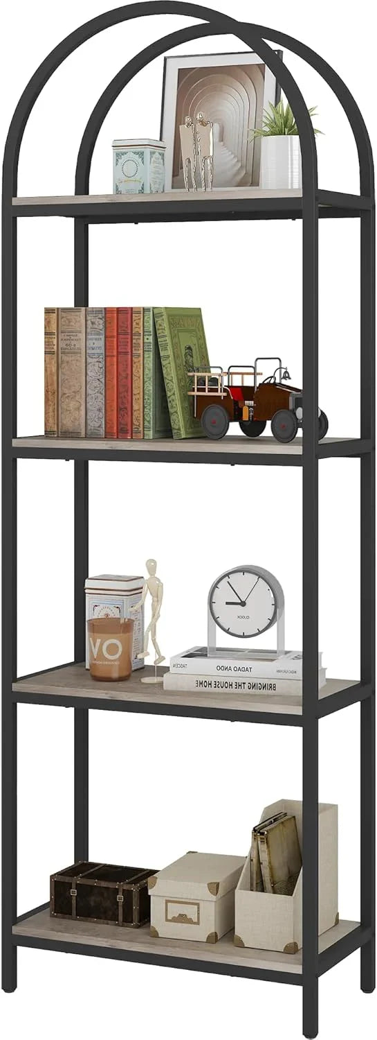 Yusong Bookshelf Rattan Arched Bookcase, 74" Tall Industrial Open Book Shelves Room, Modern Freestanding Boho 5 Tier Display Storage Rack with Metal Frame, Office, Bedroom, Burlywood E1249