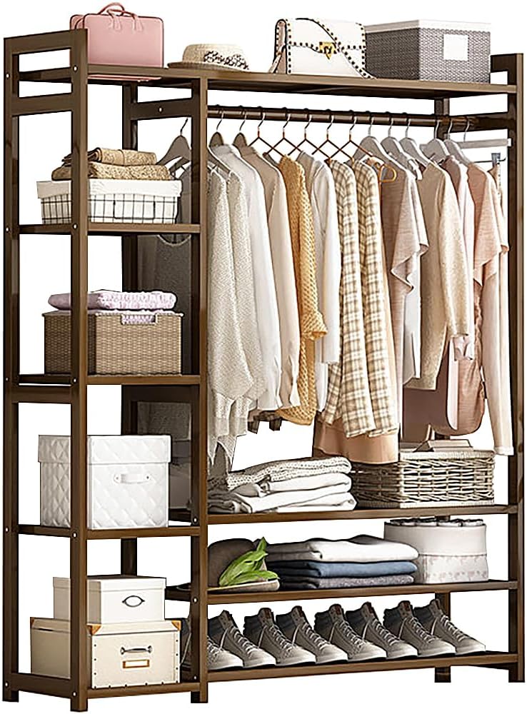 Floor-Standing Solid Wood Rotating Coat Rack，Portable Bamboo Clothes Rack - Versatile Closet Organizer with Storage Shelves and Compartments for Bedroom, Entryway, or Living Room - Stylish a I5645