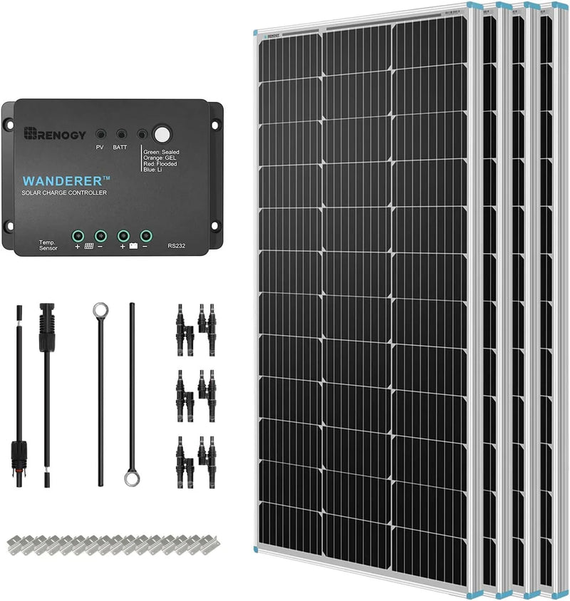 400 Watt 12 Volt Premium 4 Pcs 100W Panel 40A MPPT Charge Controller Wireless Module Fuse Mounting Z Brackets Adaptor Kit Tray Cables Set, 400W, Grid 12V Solar Power System V9583