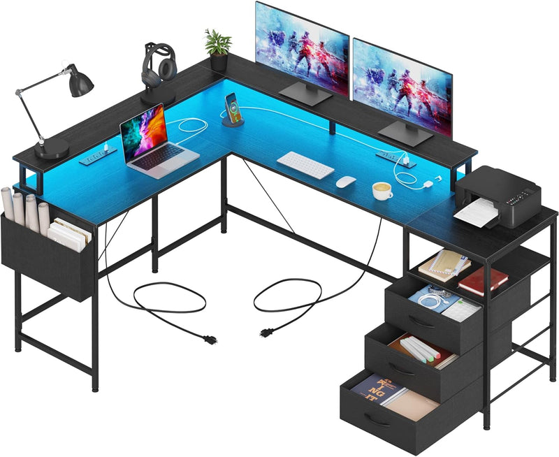 3 Drawers L Shaped Desk 63 Inch, 2 Power Strips (6 AC) and LED, Large Gaming Desk & 2 Monitor Stands, L Shape Computer Desk, Stable and Sturdy Home Office Desk, Fabric Drawers, Black S5456