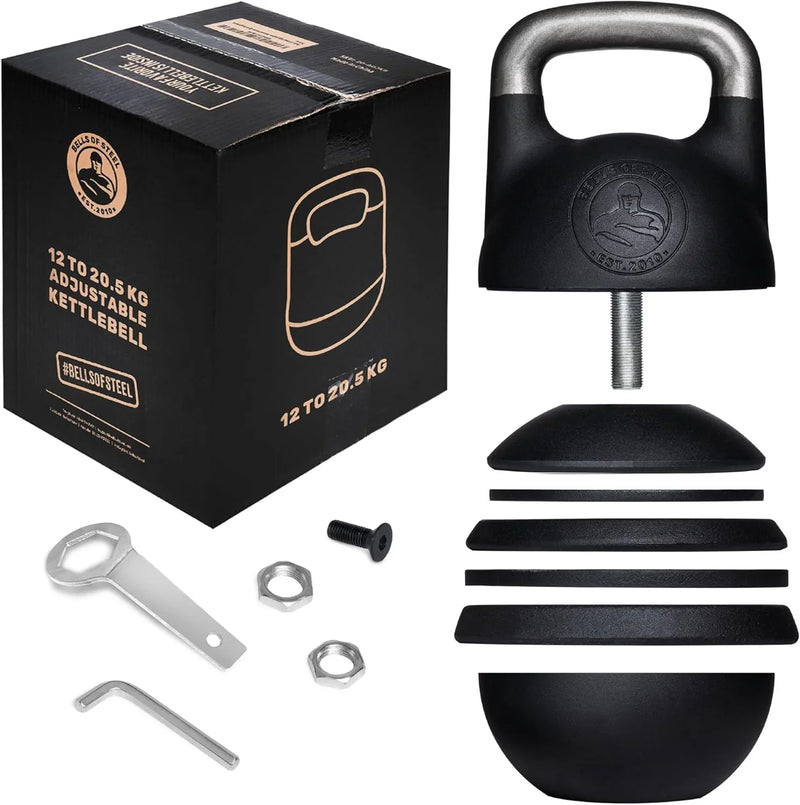 Adjustable Kettlebell Set [Bells of Steel] Kettle Bell Weight Set, Steel Shell, Internally-Loaded for Full Body Workouts, Competition Standard 35mm Handle, 12-20.5kg C0558