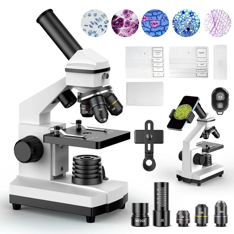 Compound Microscope for Adults & Kids - 100X-2000X High-Power Biological Microscope for Students, School Lab & Home Education, with Slides Set & Phone Adapter (White) T0377