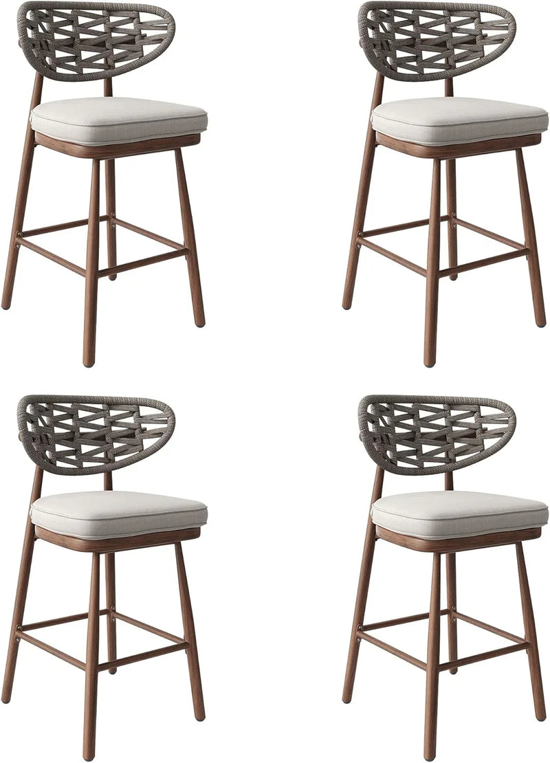 Outdoor Bar Stools Set of 2,Rattan Barstools Woven,29'' Bar Height Stools with Backrest and Teak Leg,Aluminum Bar Chairs Boho Bar Stool with Cushions,Tall Barstool for Patio,Teak H6670