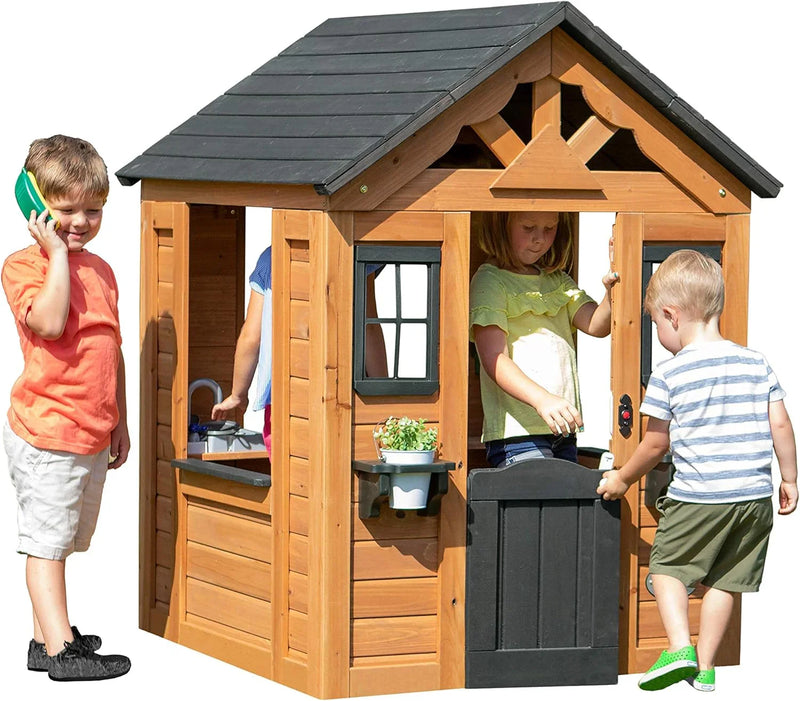 Children's playhouse cabin, equipped with a game kitchen, snack bar, half-door, toy phone, windows, flower pot stand and an operable doorbell, suitable for creative outdoor games. T6280