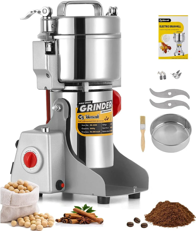 Electric Grain Grinder - Safety Enhanced Version 3600 watts - High-speed Spice and Herbal Grinder - Commercial-grade Ultra-fine Machine - Dry Grain Crusher - CE 110V (2500 grams swing type) V8345