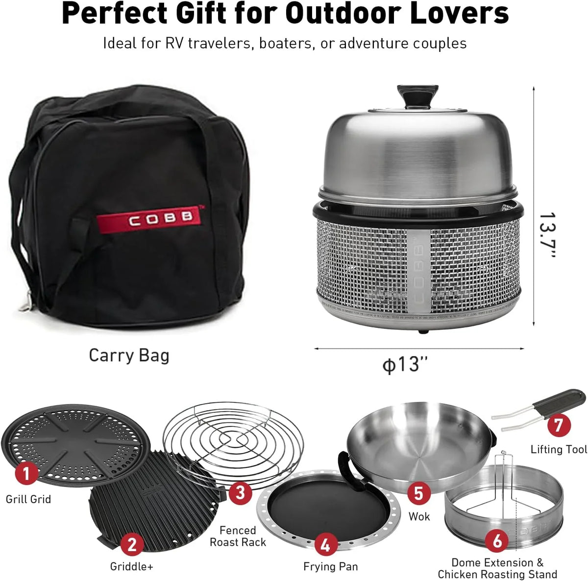 Stainless steel non-smoking portable tabletop charcoal grill with a frying pan, an outdoor barbecue grill with 10 functions, suitable for camping, boats and RVs, is the perfect combination for an outdoor kitchen (fully equipped)