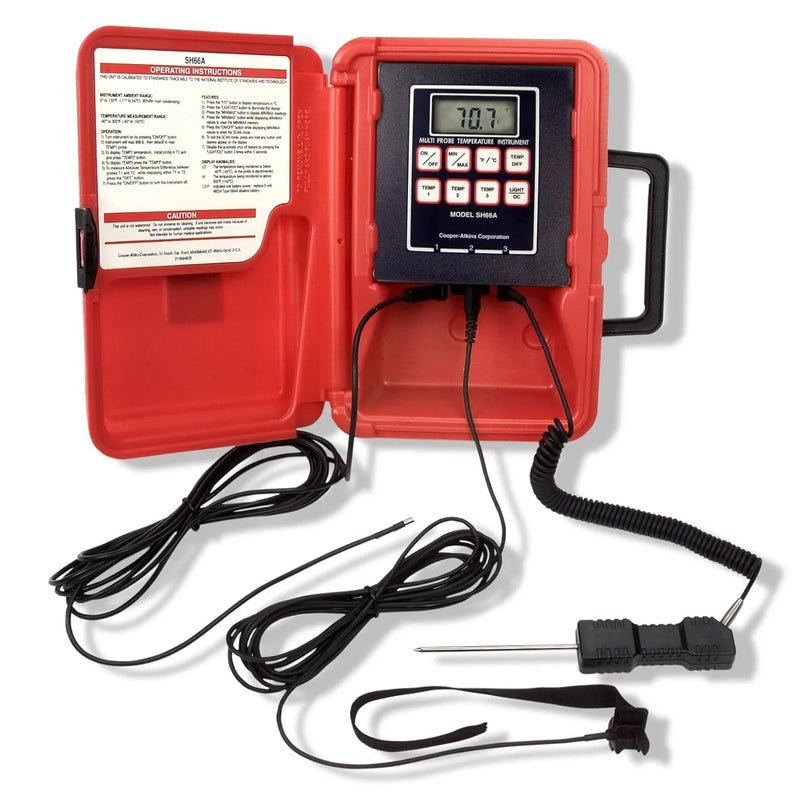 A thermoresistance thermometer with a liquid crystal display, in a red color, with a temperature range of -40°F to 300°F. E0851