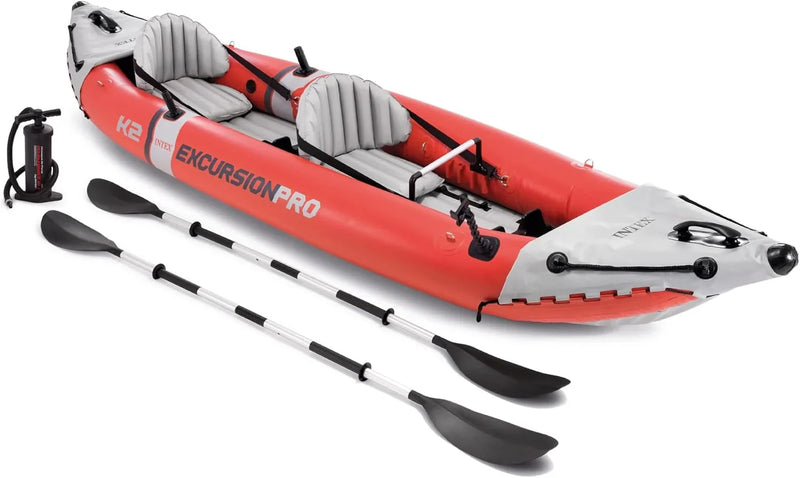 68309EP Excursion Pro K2 Inflatable Kayak Set: Includes Deluxe 86in Kayak Paddles and High-Output Pump – SuperTough PVC – Adjustable Bucket Seat – 2-Person – 400lb Weight Capacity M6733