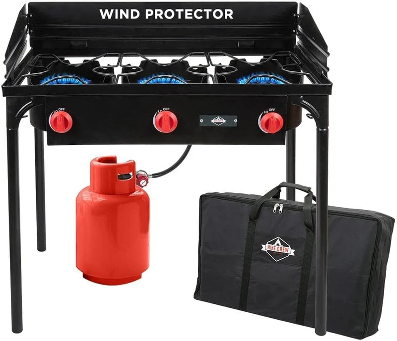 Dual-burner outdoor gas stove | 150,000 British thermal units portable propane stove, with blue flame control, detachable legs, temperature control knob, windproof panel, hose, regulator and storage box J6708