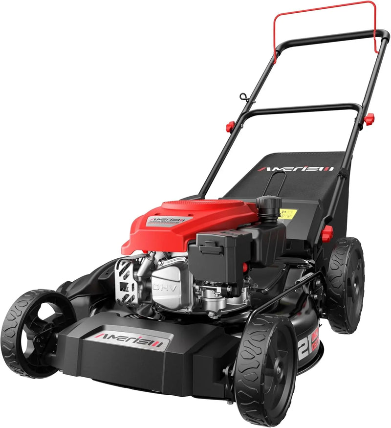21" Steel Deck Gas Lawn Mower, Heavy-Duty 3-in-1 Push Mower, 144cc 4-Stroke Engine, 6-Position Height Adjustment, Large 1.4 Bushel Grass Catcher, Durable & Efficient for Yard & Garden W7706