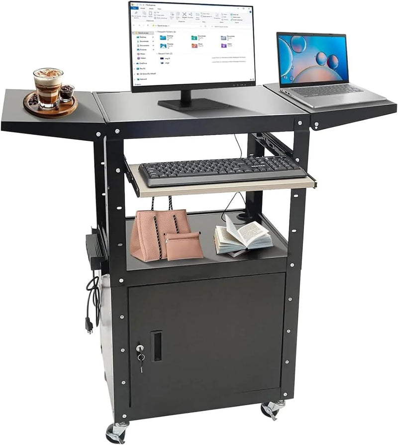 Upgraded AV Cart, Adjustable-Height Steel AV Cart with Locking Cabinet and Pullout Keyboard Tray, Rolling Media Cart with Wheels & Power for Computer Laptop Projector Printer (Black/43"x18"x43") K9793