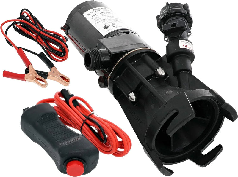 18555-000A - 12V DC waste pump, suitable for camper vans / motorhomes - Can empty a 40-gallon water tank in 5 minutes - Output flow rate 9 gallons per minute - 3/4 inch garden hose interface - Stainless steel grinder, self-priming, remote switch U4459