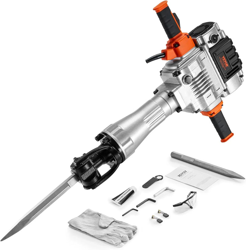 Electric demolition hammer, hydraulic crushing hammer, concrete crusher, heavy-duty electric hydraulic crushing hammer, equipped with chisel gloves and a 360-degree rotatable front handle, suitable for digging trenches and drilling holes (power 3500 J0476