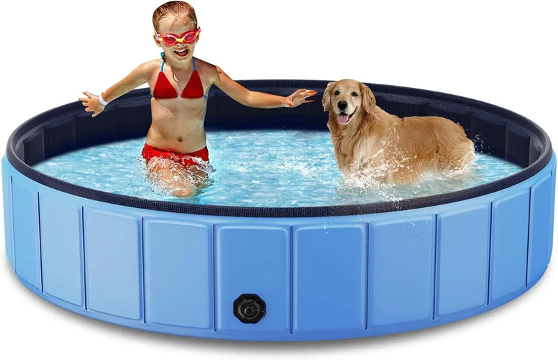 Foldable Dog Swimming Pool, 120"x20" Oversize Collapsable Hard Plastic Potable Bathing Tub for Pet Dog Kiddie Pool Indoor and Outdoor Leakproof PVC Play Pool for Large Dogs Pets Puppy Kids Blue Q2070
