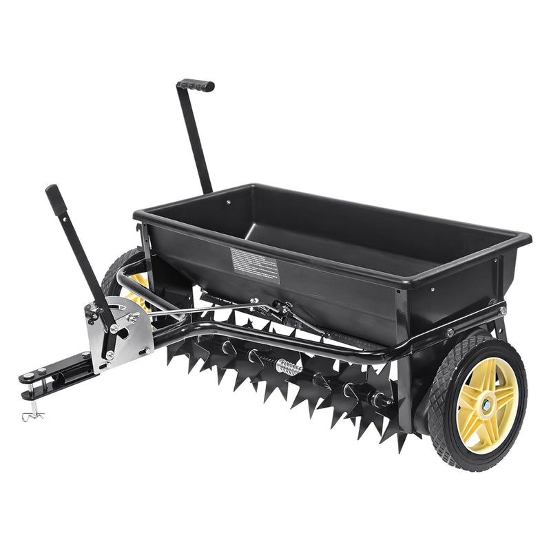 Broadcast seeder, 100-pound tractor-mounted rear polyethylene seeder with 10-inch wheels, equipped with a steel spike weeder, fertilizer spreader, garden seeder and salt spreader, suitable for residences, farms, rough terrain, and black pavement. D1170
