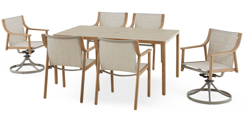 Sauble Sling Outdoor Patio Dining Set with Swivel Chairs and Umbrella Hole, Tan, 7-pc H0966