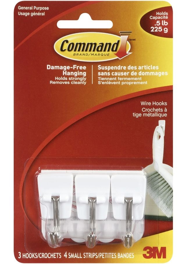 Micro Wire Utensil Hooks with Adhesive Strips, White, 0.5-lbs, 3 Strips Per Pack O7257