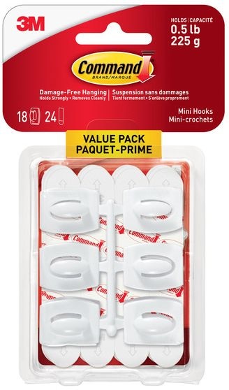 Mini Hooks Value Pack with Adhesive Strips, Clear, 0.5-lbs, 18 Strips per Pack