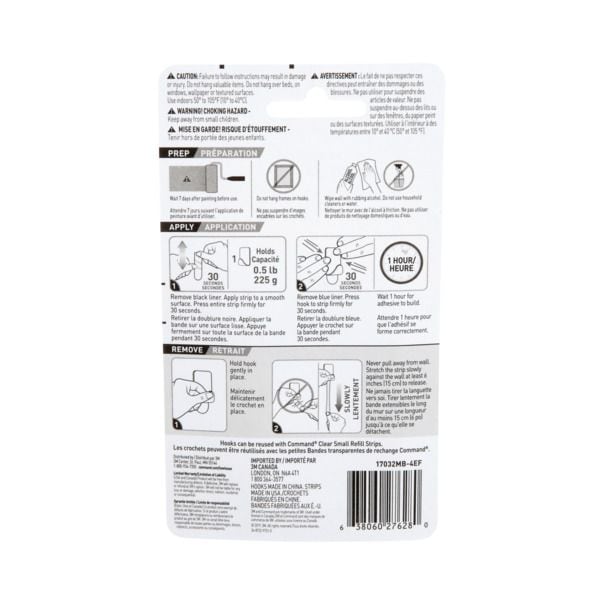 Small Decorative Hooks with Adhesive Strips, Matte Black, 0.5-lbs, 4 Strips per Pack Y4140