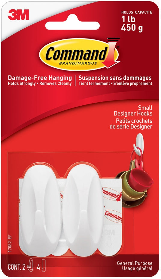 Small Designer Hooks with Adhesive Strips, White, 1-lb, 2 Strips per Pack T7373