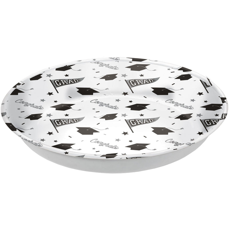 "Congrats Grad" Round Plastic Reusable Serving Bowl, White, 14-in, for Graduation M8477
