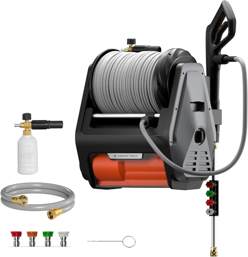 Pressure Washer Pro, Electric Wall Mount Power Washer with 100FT Retractable Pressure Hoses, 3300PSI, 1.6GPM, 4 Nozzles, Foam Cannon for Cars/Patios, Dark Silver U7097