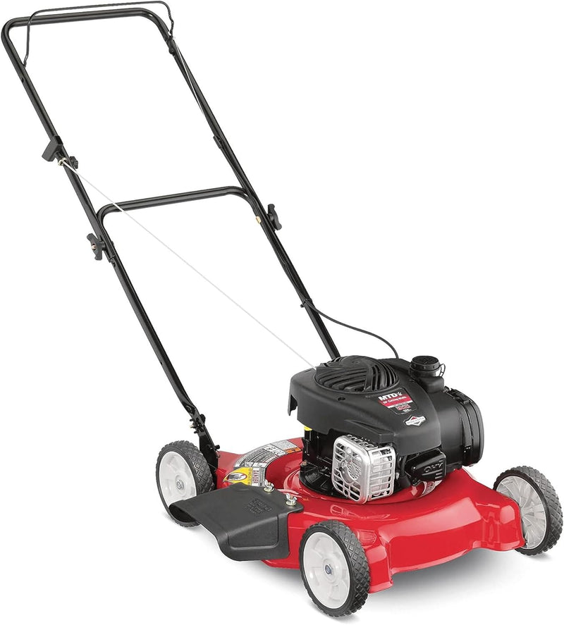 20-inch steel cutting deck, side-discharge gasoline-powered push lawn mower, with engine oil, available in red and black, suitable for outdoor yards. B8707