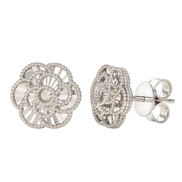 Diamond Cut Textured Flower Stud Earrings in White Gold S0259