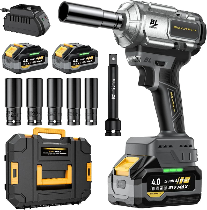 Cordless Impact Wrench, 1200Nm(900ft-lbs) High Torque 1/2'' Impact Wrench, 21V Brushless Electric Impact Gun with 2Pcs 4.0Ah Batteries, 1 Hour Fast Charger, 5 Sockets, Power Impact Driver for Car Home Y0880