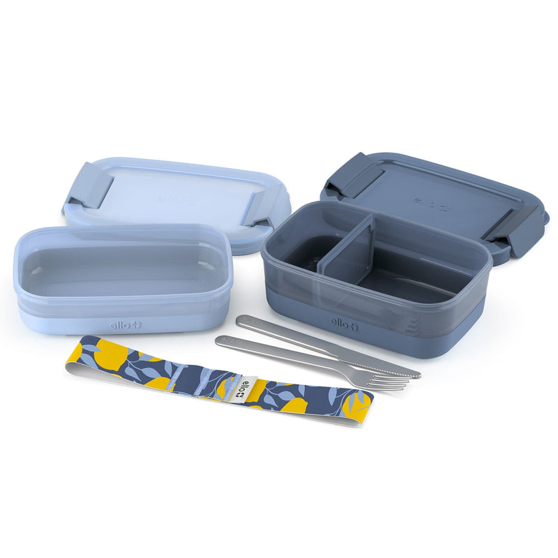 Stackable Bento Lunch Food Storage Container with Stainless Steel Flatware, Blue, 2-pk M9882