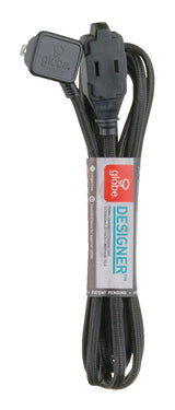 9-ft 16/2 Fabric Extension Cord, Right Angle Plug, 3 Outlets, Black