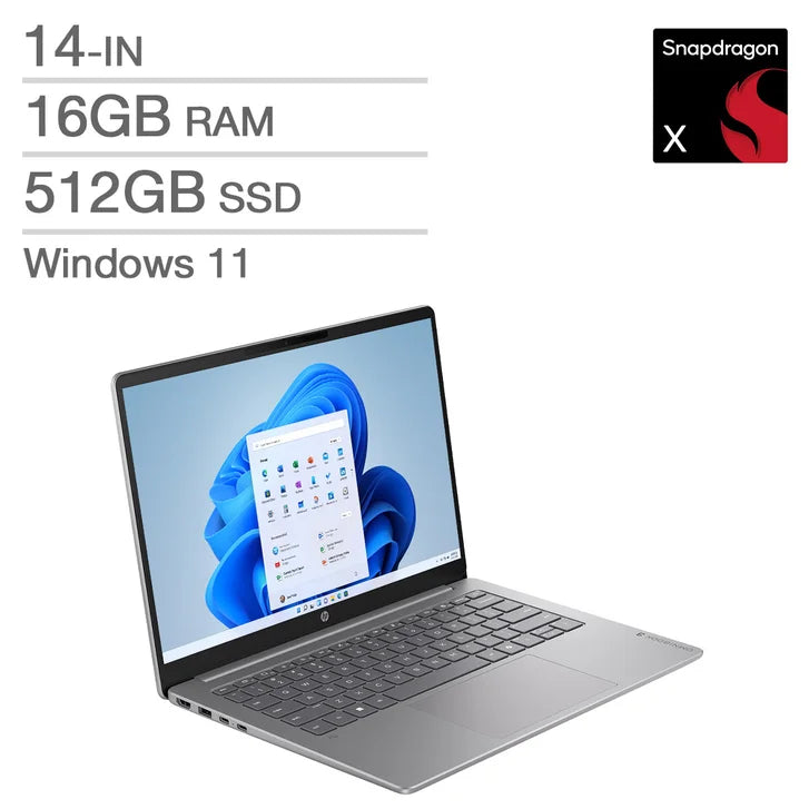 HP OmniBook 3 Next Gen AI Copilot+ PC 14-in Laptop, Snapdragon X X1-26-100 - 16GB RAM, 512GB SSD, Qualcomm Adreno V7126