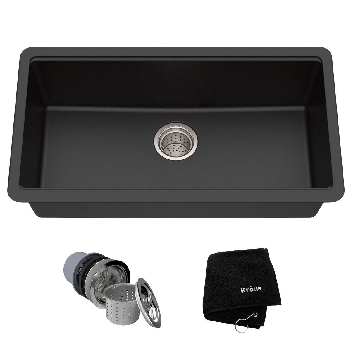 Quarza Undermount Granite Single Bowl Kitchen Sink, Black Onyx, 31x17x9-in