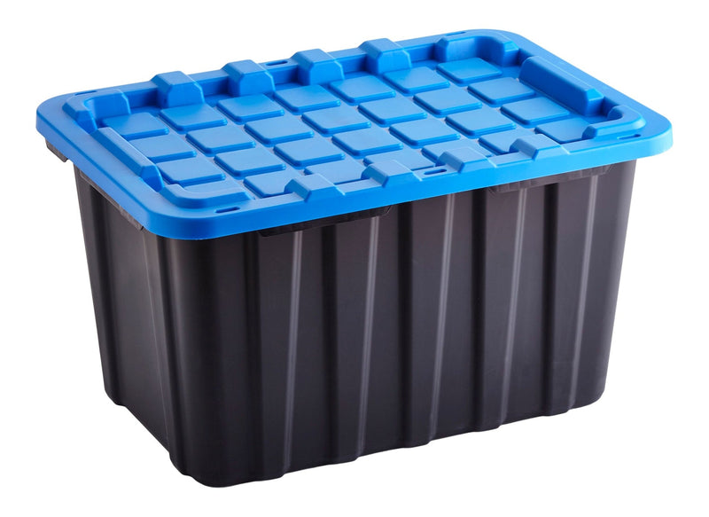 Heavy Duty Stackable Storage Box with Lid, 102-L, Black/Blue C3243