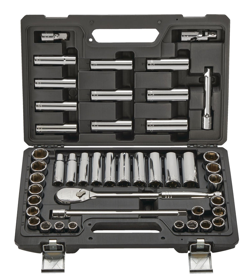 1/2-in Drive Professional Grade Socket Set, 45-pc, SAE/Metric, CRV, Nickel-Chrome Plating M0879