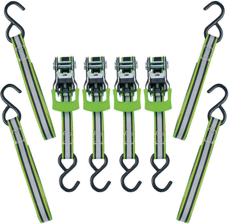 1,500-lb Reflective Ratchet Tie Down Strap, with Padded D-Handle, 1-in x 12-ft, 4-pk, Green Z2177