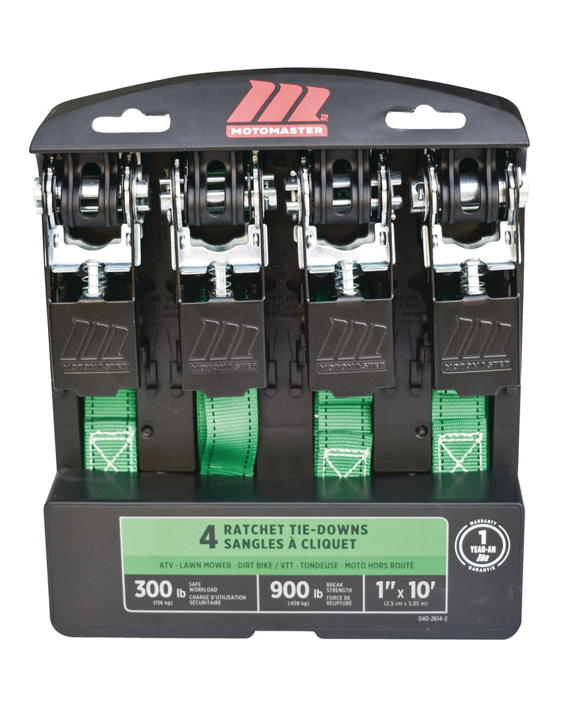 900-lb Ratchet Tie-Down Straps, Non-Padded, 1-in x 10-ft, 4-pk W6099