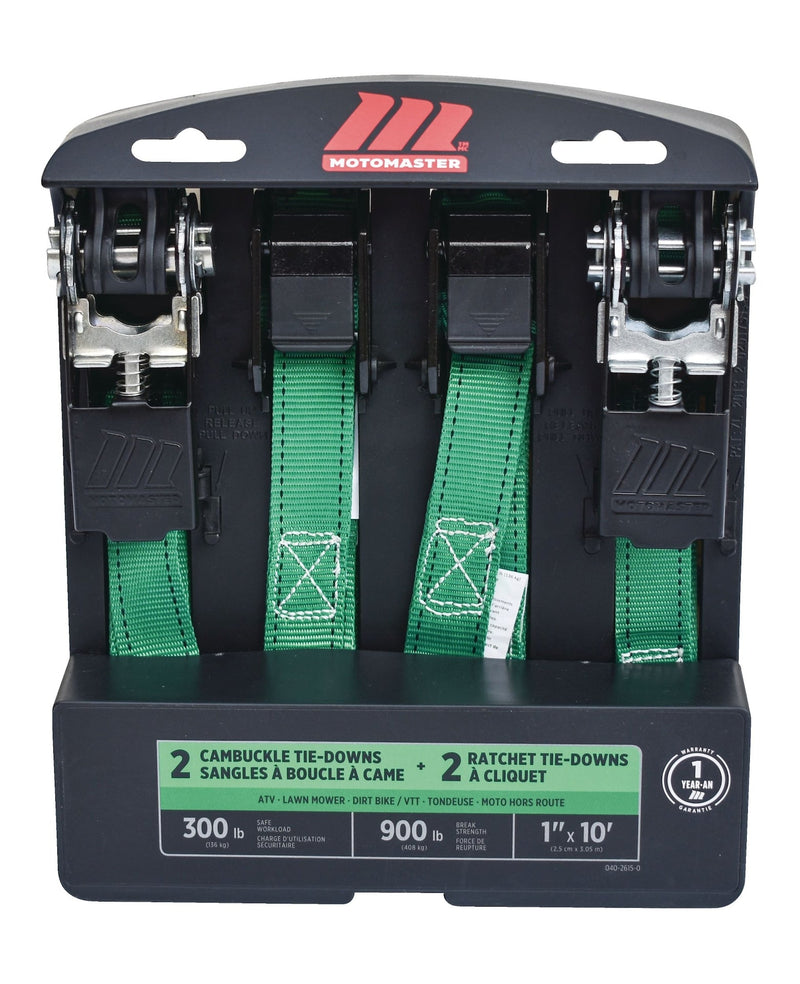 900-lb Ratchet/Cambuckle Tie-Down Straps, Non-Padded, 1-in x 10-ft, 4-pk Q7262