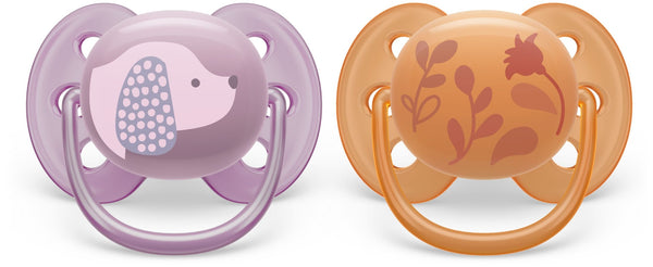 Ultra Soft Pacifier, 6-18 Months, Violet Puppy & Orange Leaves, 2-pk Q2402