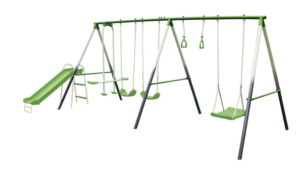 Outdoor 7-Station Metal Swing Set Combo with 2 Swings, Trapeze & More, Ages 3+ C1026